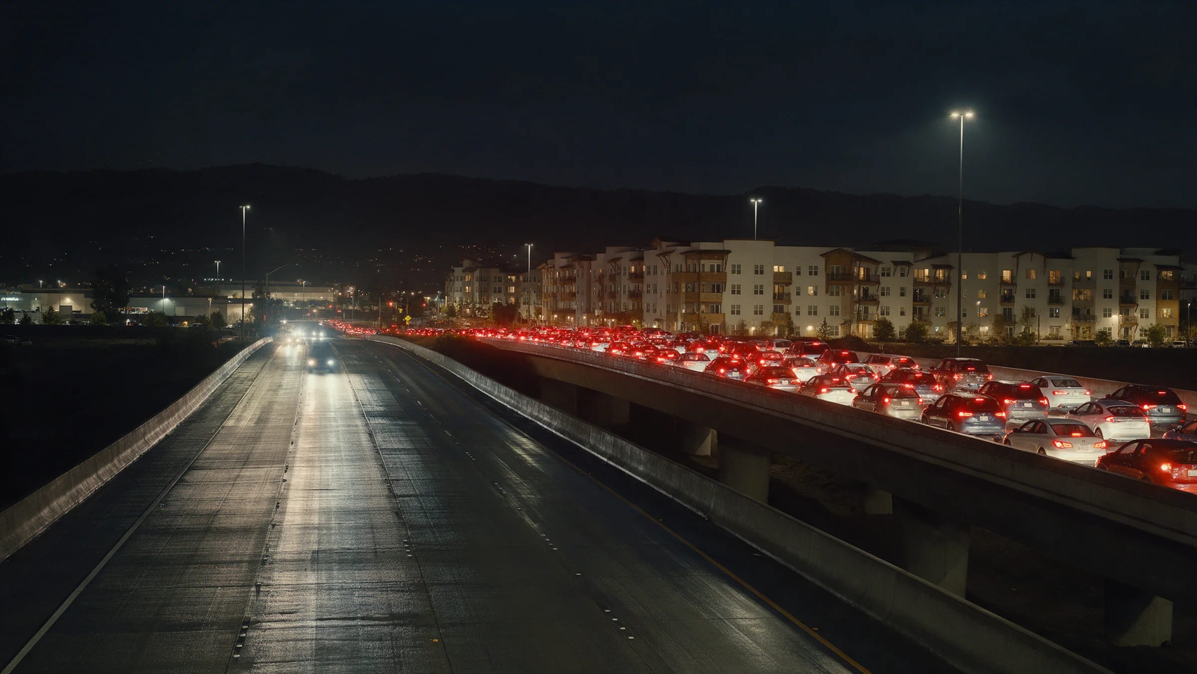 The interchange on the edge of Milpitas twenty minutes after sunset, seen from above: two roadways crossing on stacked concrete overpasses, one of them solid with stopped tail lights, the other almost empty, and past it the lit windows of new apartment blocks under the dark hills.