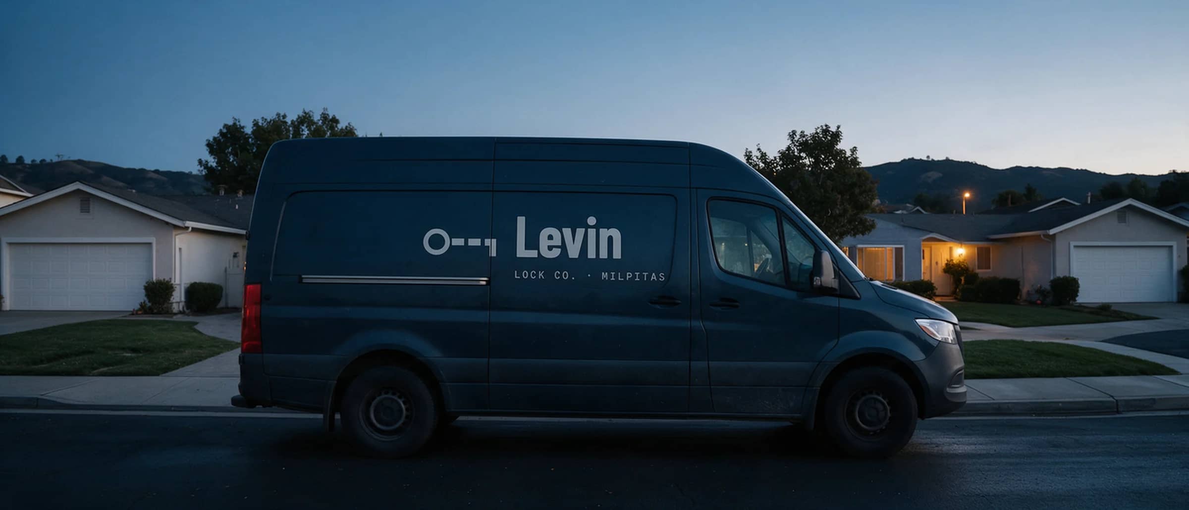 Levin van parked at the curb on a Milpitas street at dusk